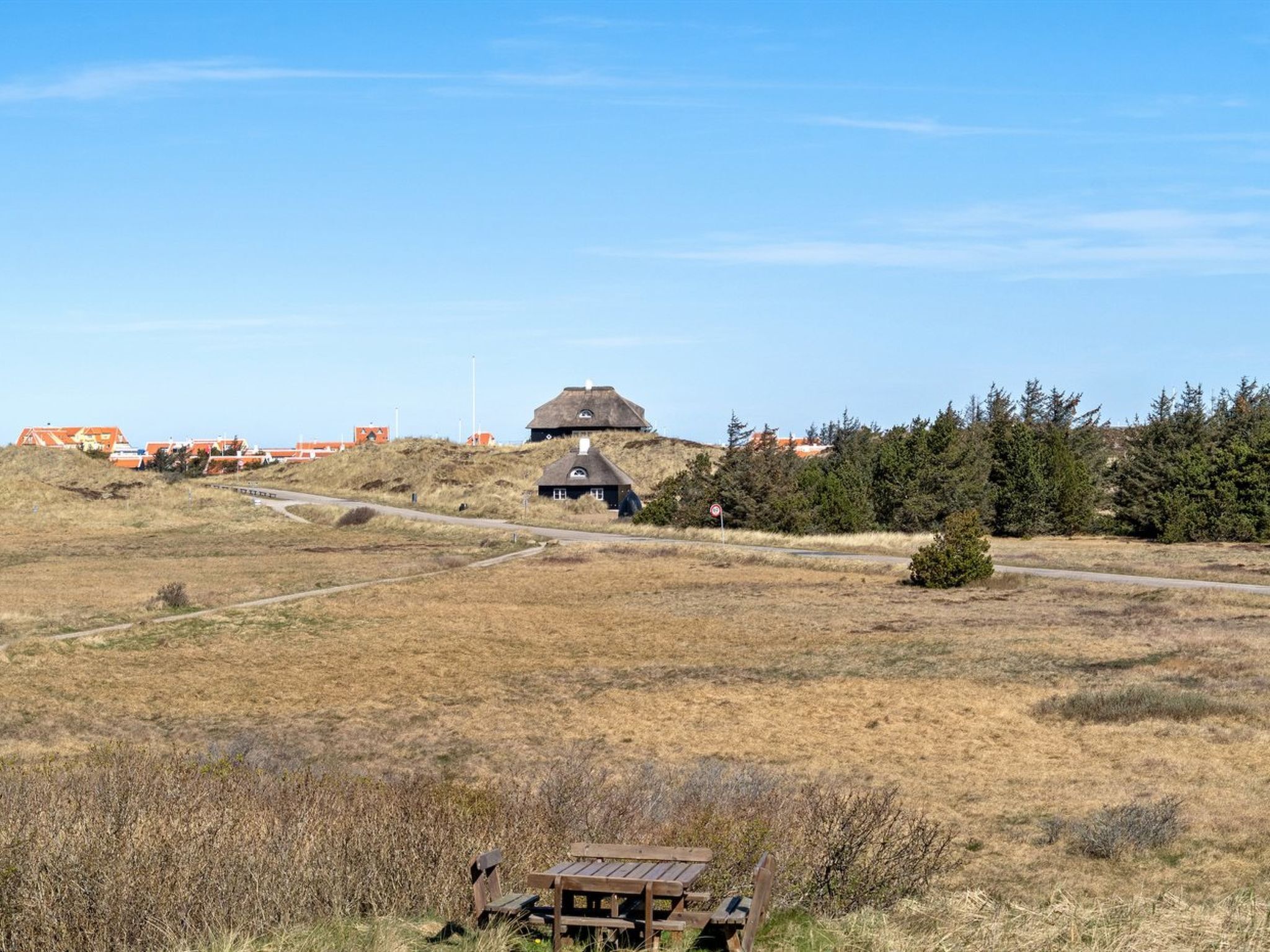 Ett lantligt landskap med ett hus med halmtak, ett picknickbord och en väg som leder till en grupp byggnader med orangefärgade tak.
