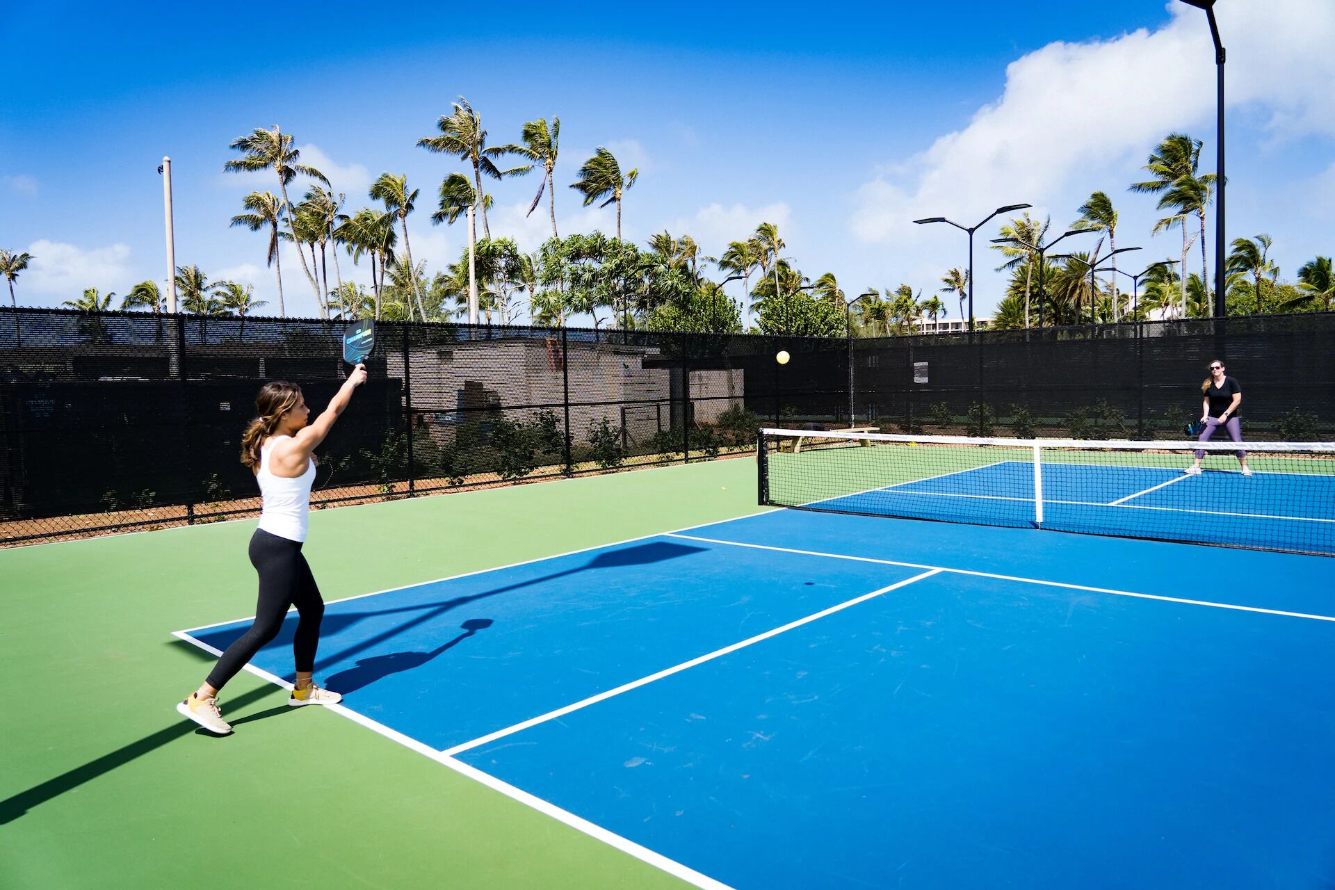 Una cancha de tenis exterior con red, rodeada por una valla y palmeras.