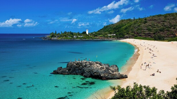 A beach with clear turquoise water, a rocky outcrop, and a white building on a hill. - "Pua Pono House" | Pupukea Acerage, Fruit Trees (Haleiwa)