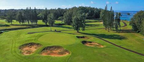Un campo de golf con búnkeres, árboles y vistas al océano.