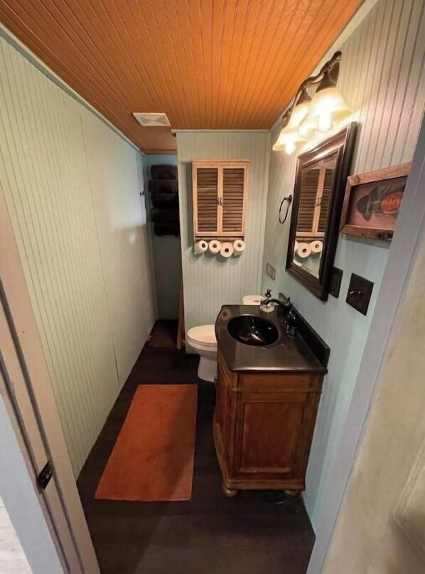 Shower, hair dryer, towels, toilet paper