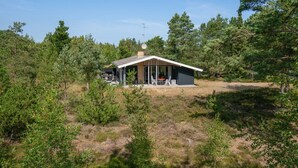 A modern cabin with a large patio area, surrounded by dense forest.