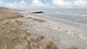 Una playa con arena y escasa hierba, un afloramiento rocoso en el agua, y un cielo nublado.
