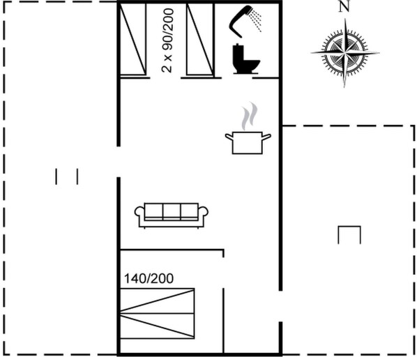 A floor plan with a kitchen, a bathroom, and a living area. - "Hennrik" - 500m from the sea by Interhome (Frederikshavn)