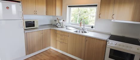 Fridge, microwave, oven, cookware/dishes/utensils