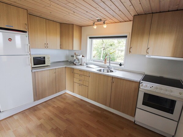 Fridge, microwave, oven, cookware/dishes/utensils