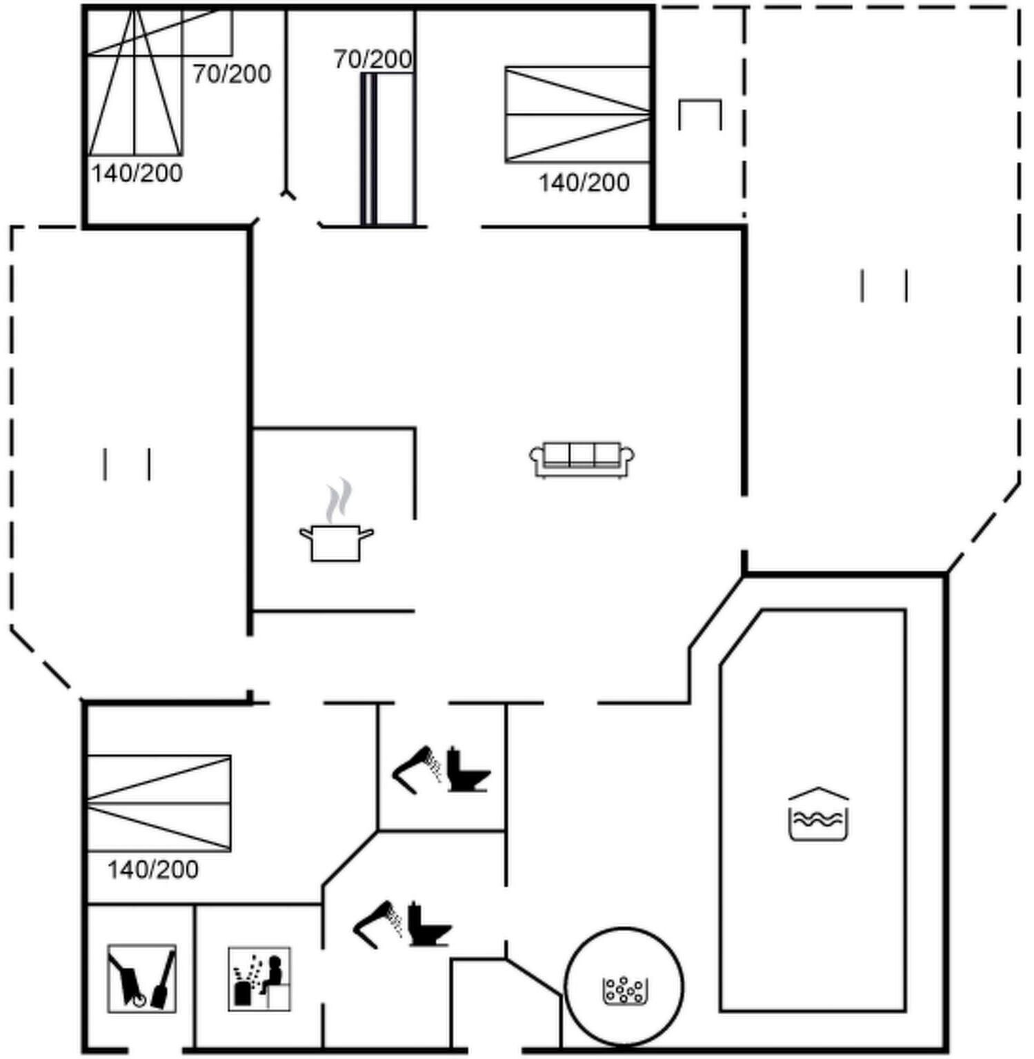 A hotel floor plan with a kitchen, a living area, and a bathroom.