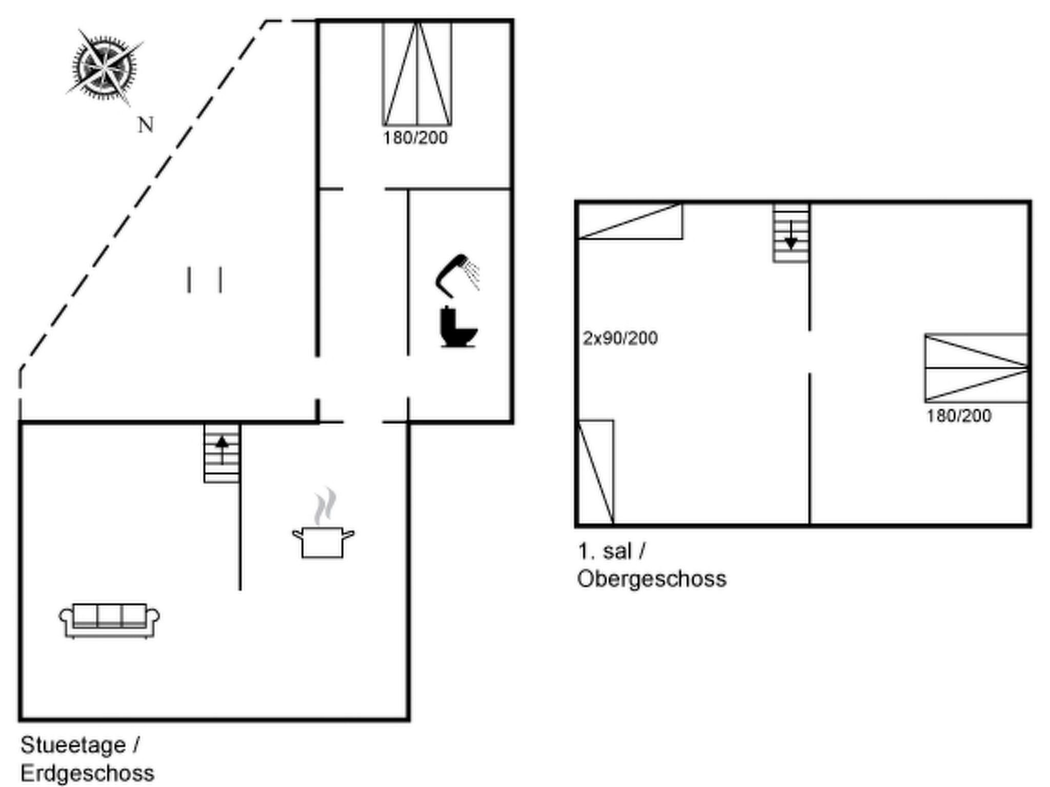 Een plattegrond met een kitchenette, een badkamer en een woongedeelte.