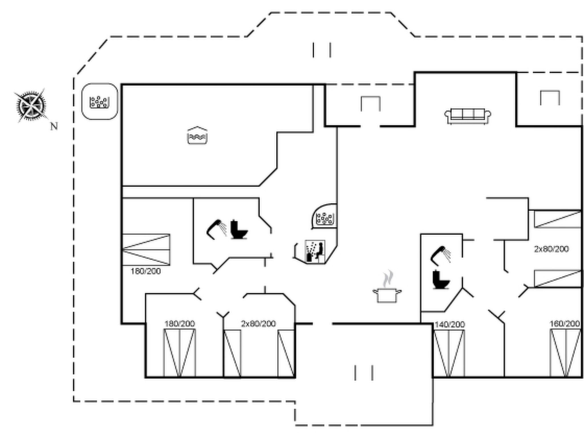 Un plan d’étage comprenant plusieurs pièces, notamment une cuisine, une salle de bain et un espace de vie.