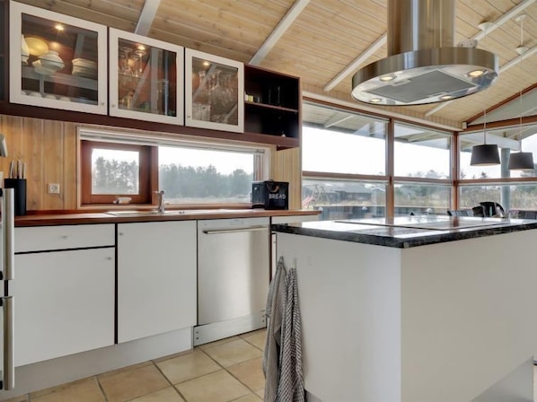 Fridge, microwave, dishwasher, cookware/dishes/utensils