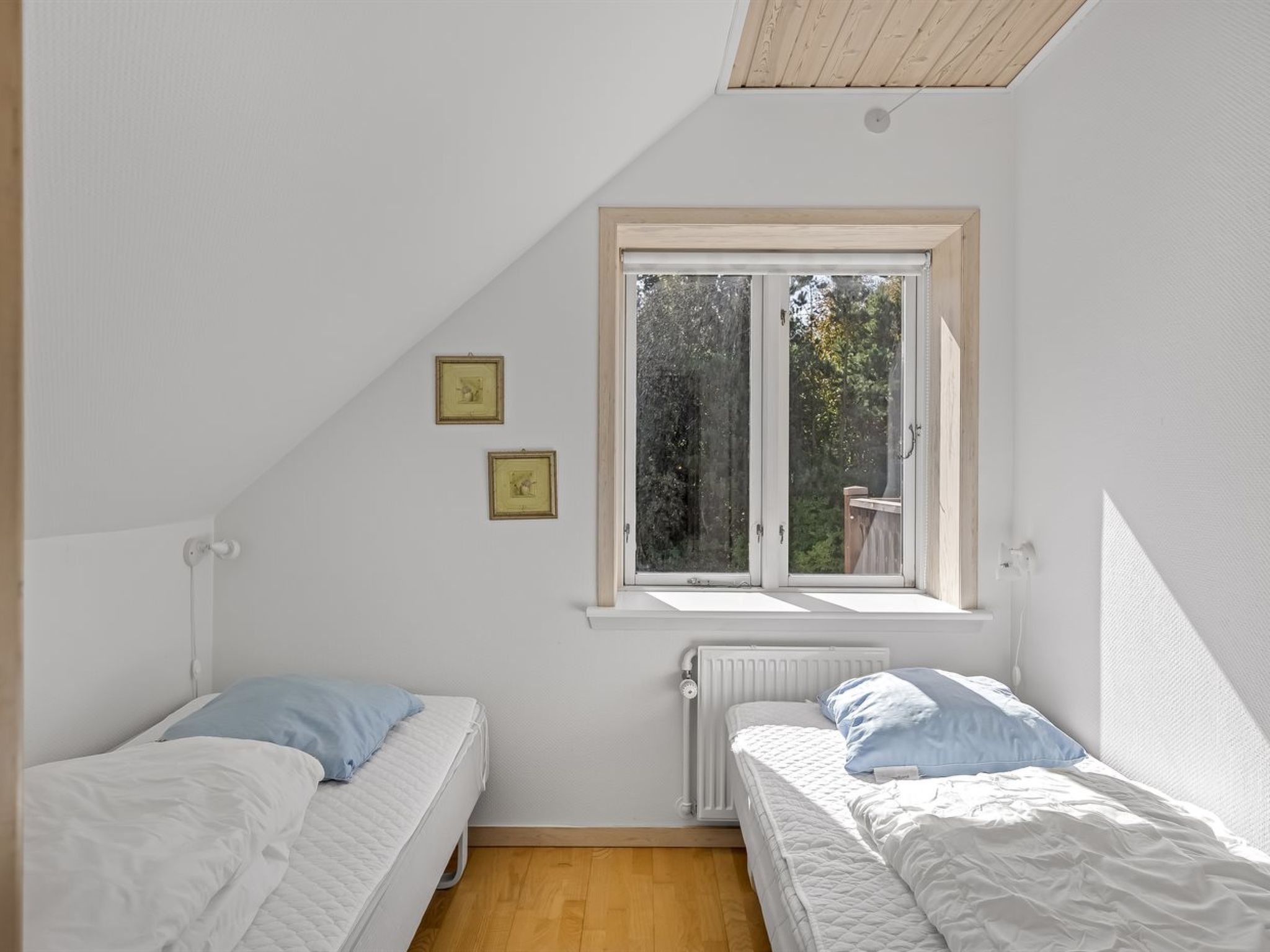 Une chambre avec deux lits, une fenêtre donnant sur des arbres et un radiateur.