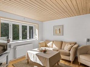 A modern living room with a wooden ceiling, a sofa, a table with a bowl of fruit, and a painting on the wall. - "Etta" - 957m from the sea by Interhome (Hirtshals)