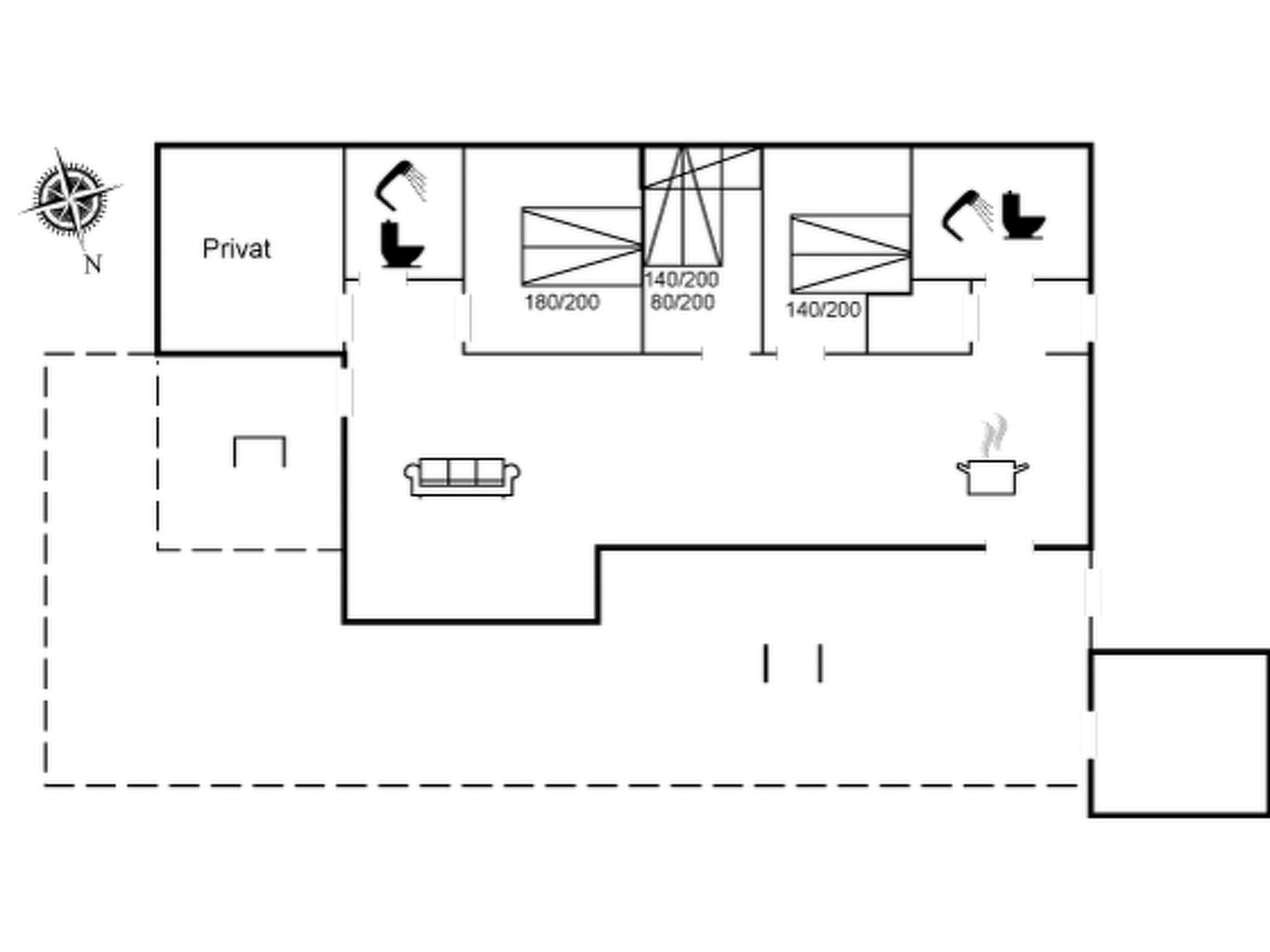 Plano de planta que muestra una habitación privada, un baño con ducha, una cocina y una sala de estar con sofá.