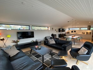 TV, fireplace, table football