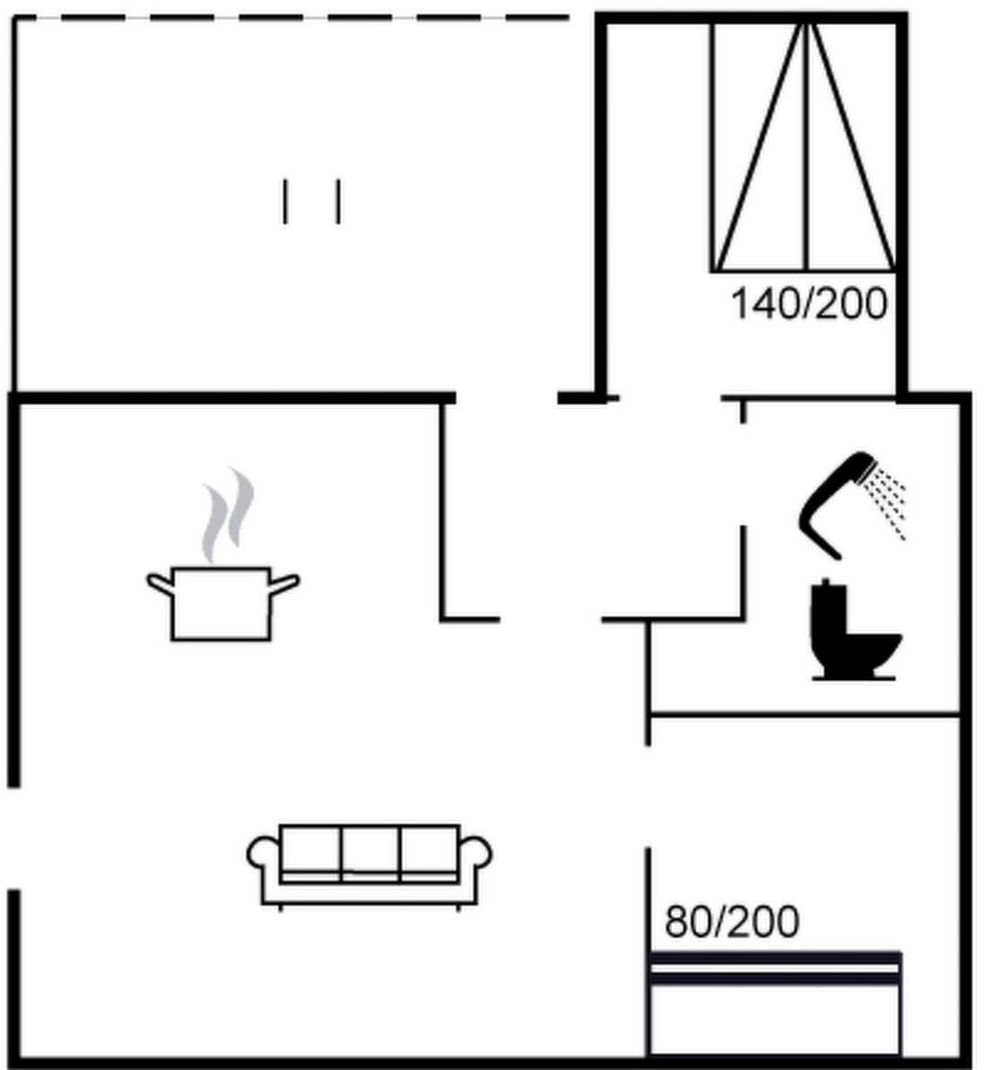 A floor plan with a kitchenette, a bathroom, and a living area with a sofa.