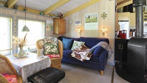 Una sala de estar acogedora con un sofá azul, una silla de mimbre, una mesa con un jarrón y una chimenea negra.