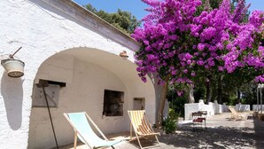 An outdoor seating area with two striped lounge chairs, a white building with an arched doorway, and a tree with purple flowers. - GuestHost - Comfortable apartment that hosts 2 people, located in an old farmhouse dating back to the 19th century, furnished with taste and meticulous recovery of the original materials. The accommodation is located in Cozzana, a quiet and verdant distr (Monopoli)