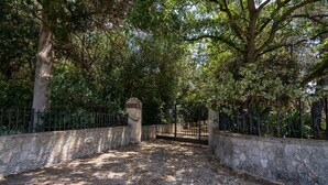 A paved pathway leading to a gated entrance surrounded by trees. - GuestHost - Nice apartment that hosts up to 2 people, located in an old farmhouse dating back to the 19th century, furnished with taste and meticulous recovery of the original materials. The accommodation is located in Cozzana, a quiet and verdant distri (Monopoli)