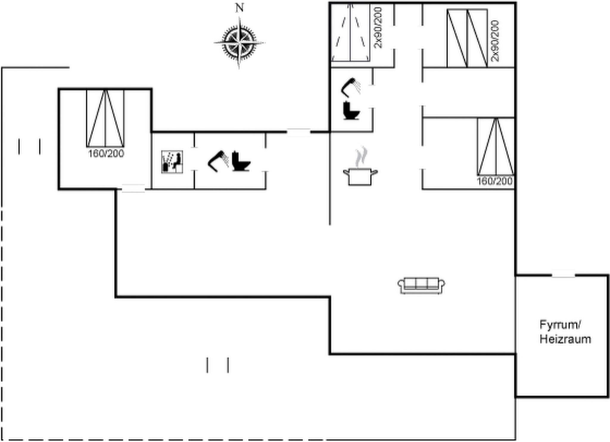 Een plattegrond met een keuken, een badkamer en een woongedeelte.