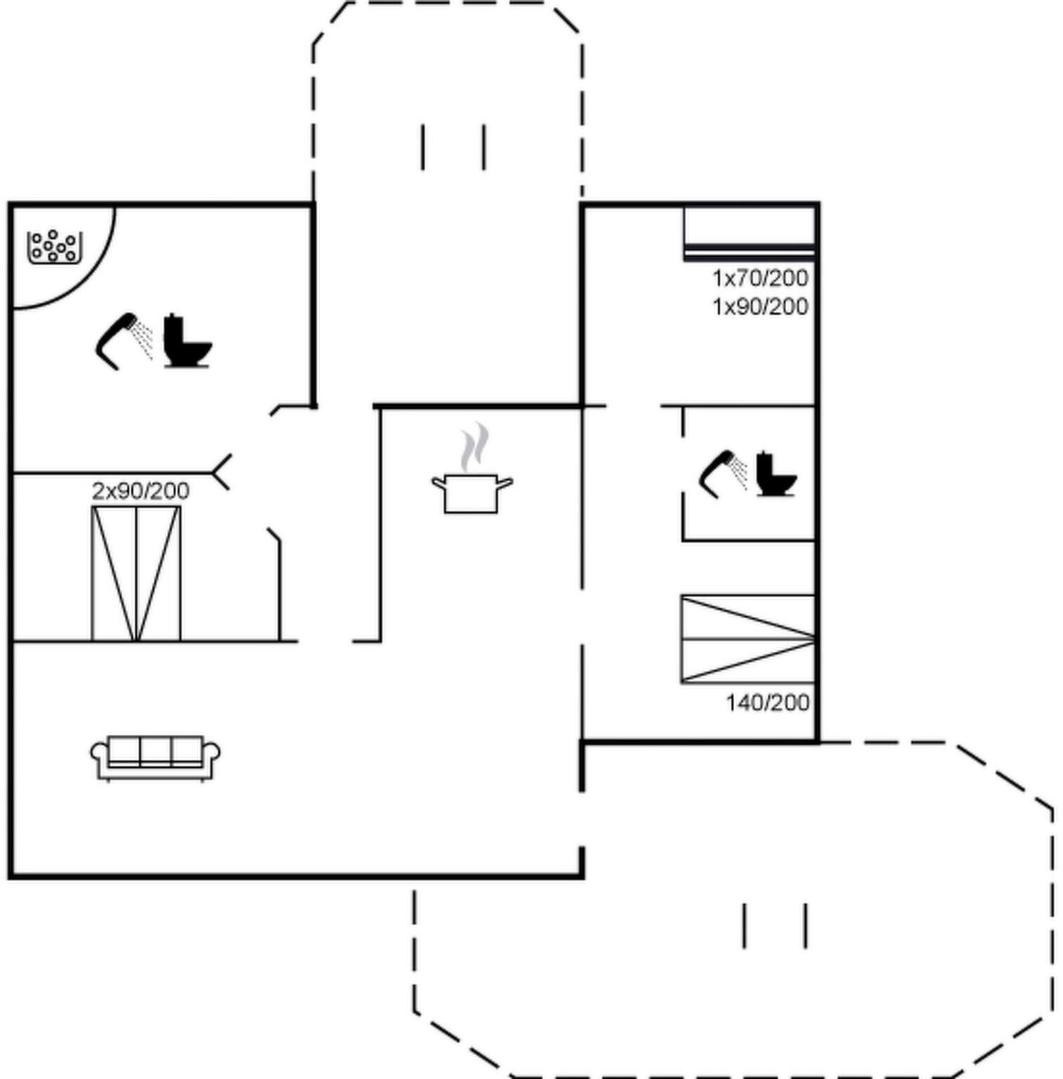 Een plattegrond met een keuken, een eetgedeelte en een woonkamer.