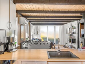 Fridge, oven, dishwasher, high chair
