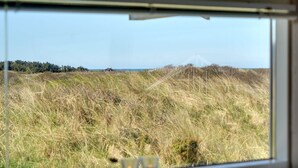 Uitzicht door een raam op een grasveld met een verre boomrij en een heldere lucht.