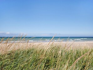 Une plage avec un ciel dégagé et des vagues.