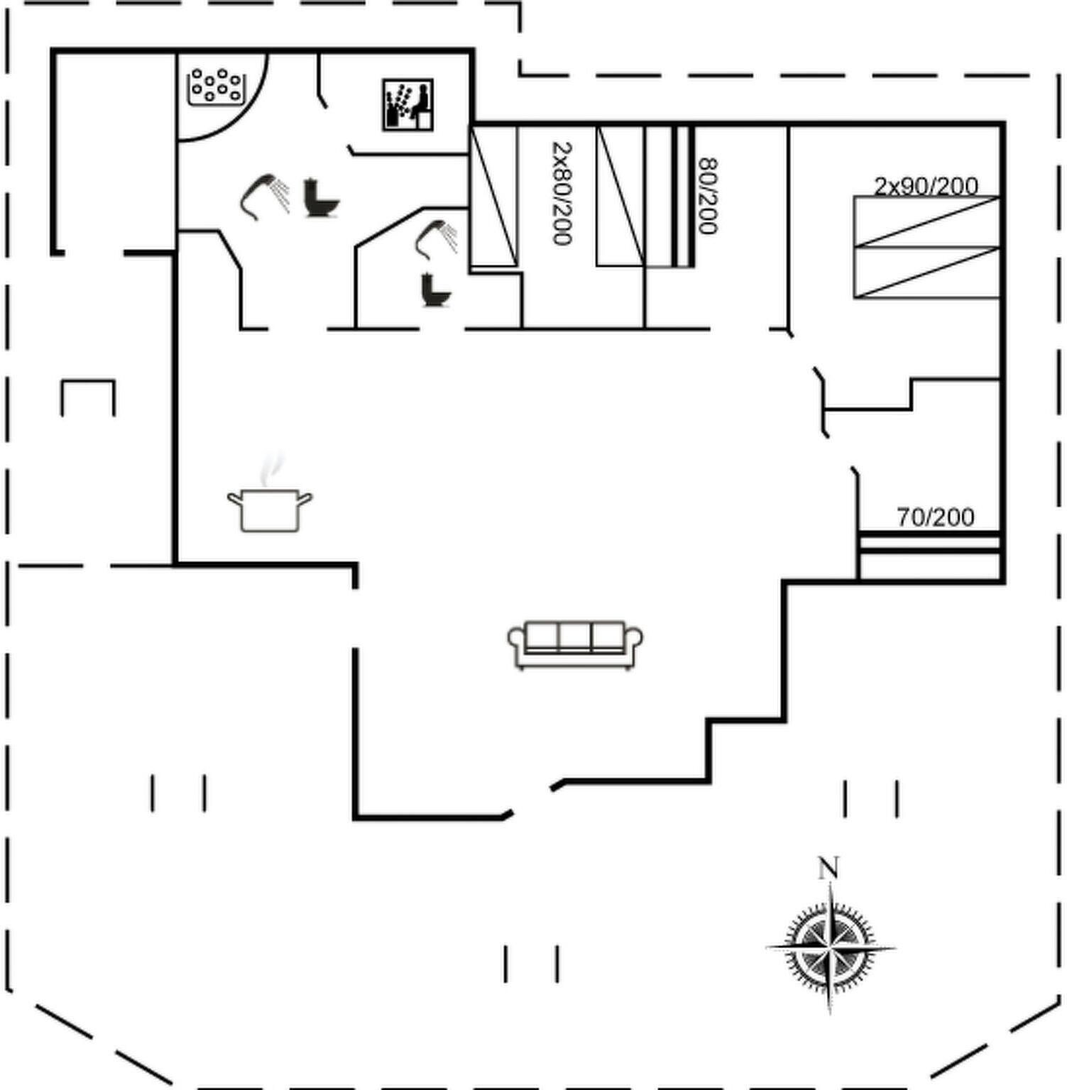 Plano de planta que muestra una cocina, dos baños, una sala de estar y un comedor.