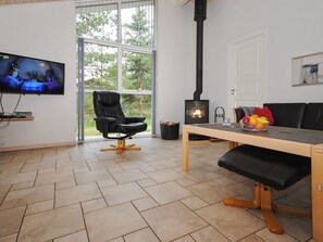 Televisión, chimenea y reproductor de DVD 