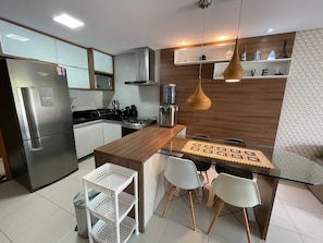 Apartment | Private kitchen | Fridge, microwave, blender, cookware/dishes/utensils
