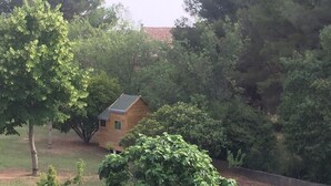 A small wooden cabin surrounded by dense trees and a grassy field. - Sur les pas de Pagnol (Aubagne)