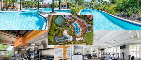 A swimming pool area with multiple pools, a bar, and a gym.