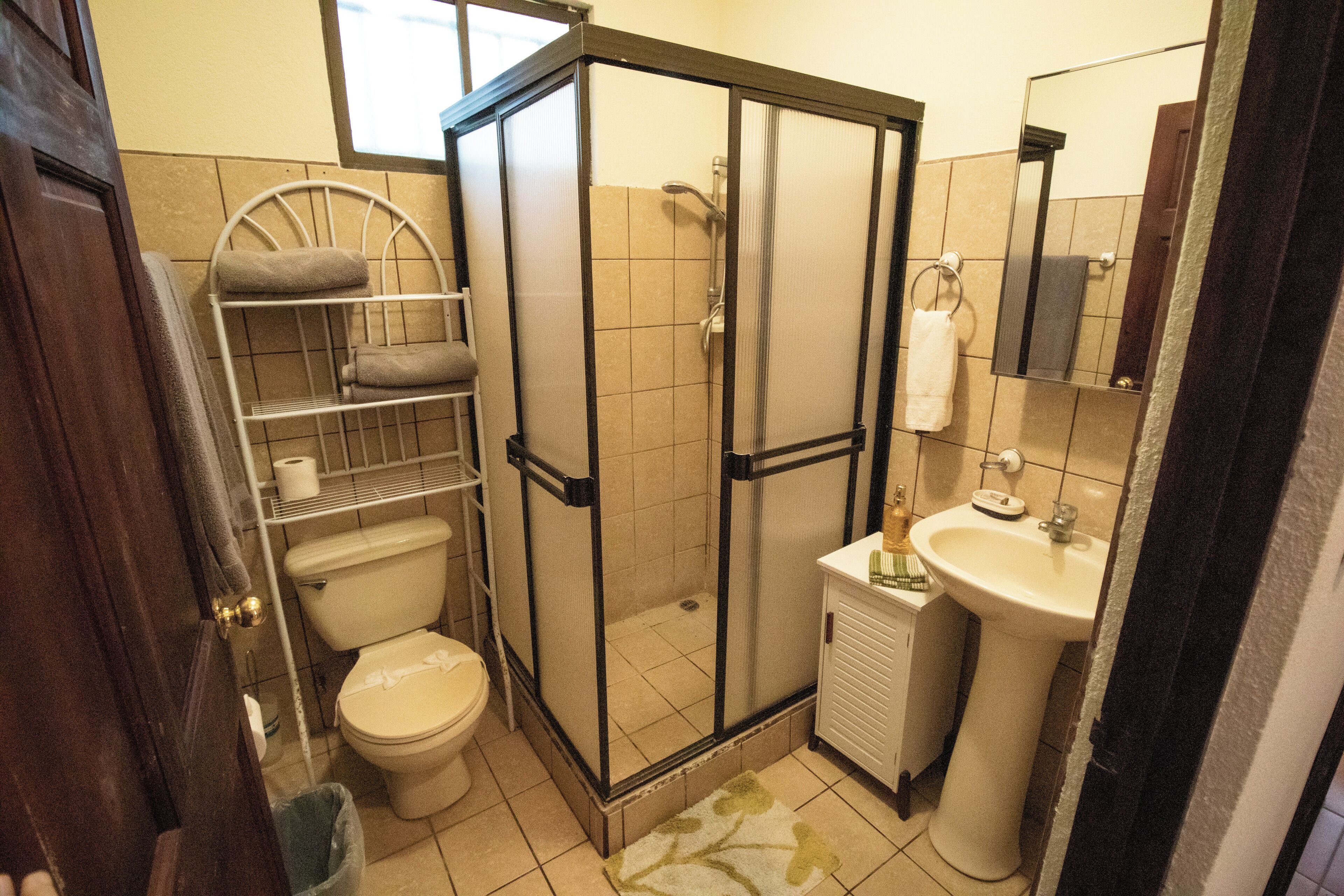 Un bagno con doccia, toilette, lavandino e portasciugamani.
