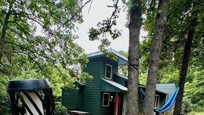 Ein grünes Haus mit Veranda, umgeben von Bäumen und einem Baumschichtgrundstück.