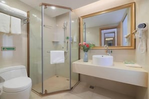 Een badkamer met een douchecabine van glas, een wastafel met spiegel en een toilet.