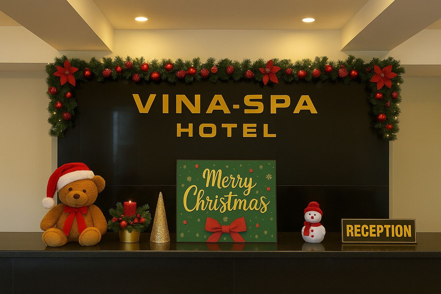 Un espace d’accueil à l’hôtel Vina-Spa, décoré pour Noël, avec un ours en peluche, un bonhomme de neige et une pancarte indiquant « Joyeux Noël ».
