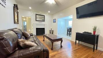 Smart TV, fireplace, video games, DVD player