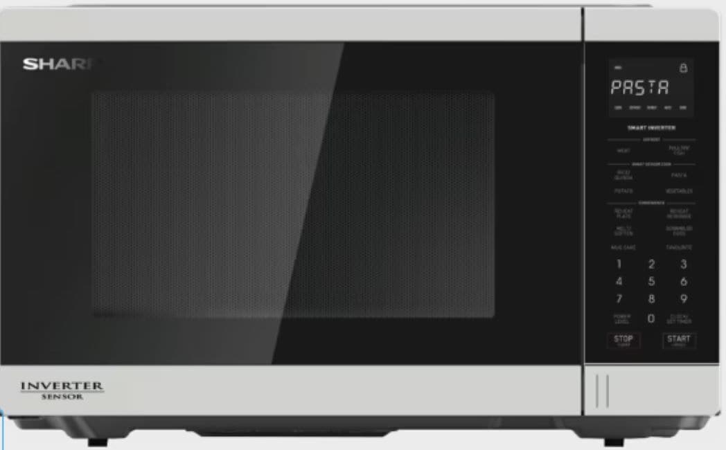 A SHARP microwave oven with a digital display, a keypad, and an inverter sensor.