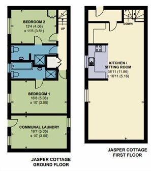 Plano de la planta baja de Jasper Cottage, que incluye el dormitorio 1, el dormitorio 2, un lavadero compartido y una cocina-sala de estar.