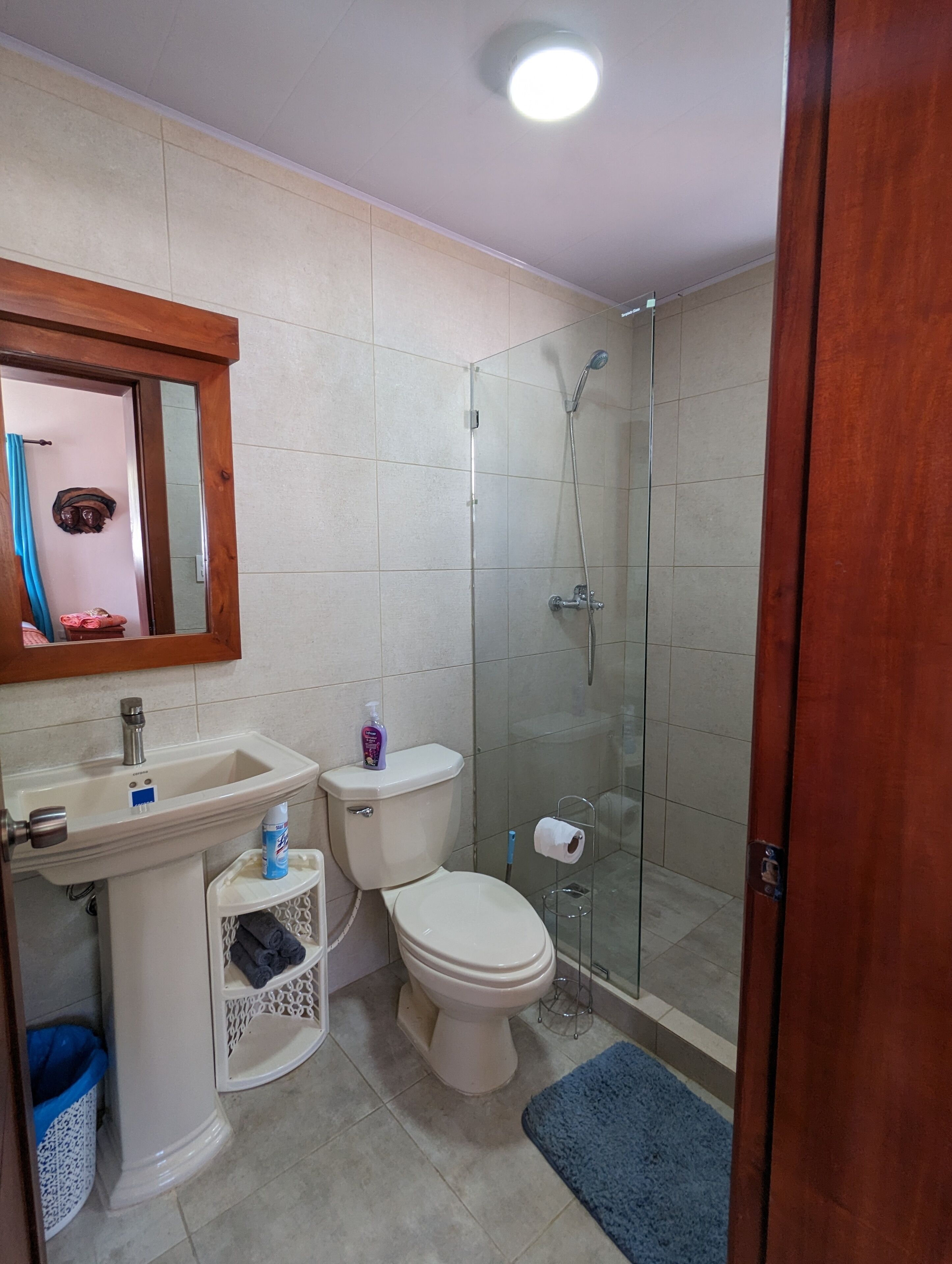 A bathroom with a sink, toilet, and shower.
