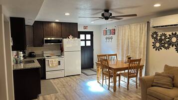 Coffee/tea maker, fridge, microwave, oven