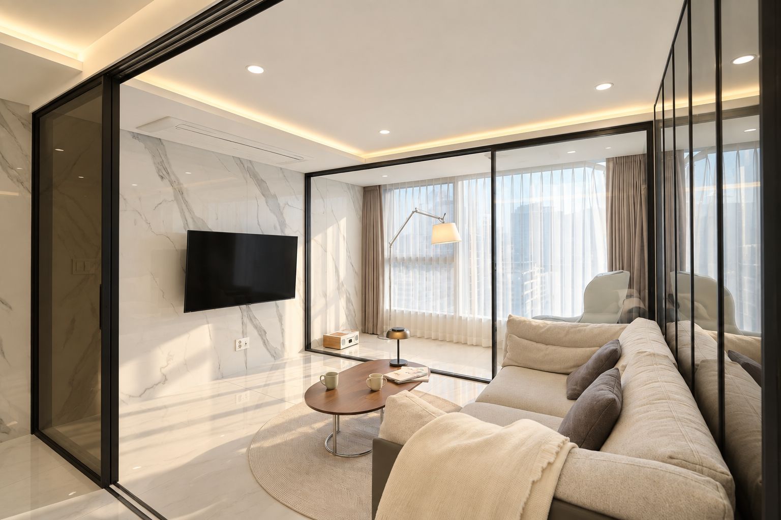 A modern living room with a large flat-screen TV, a sofa, a coffee table, and a window with curtains.