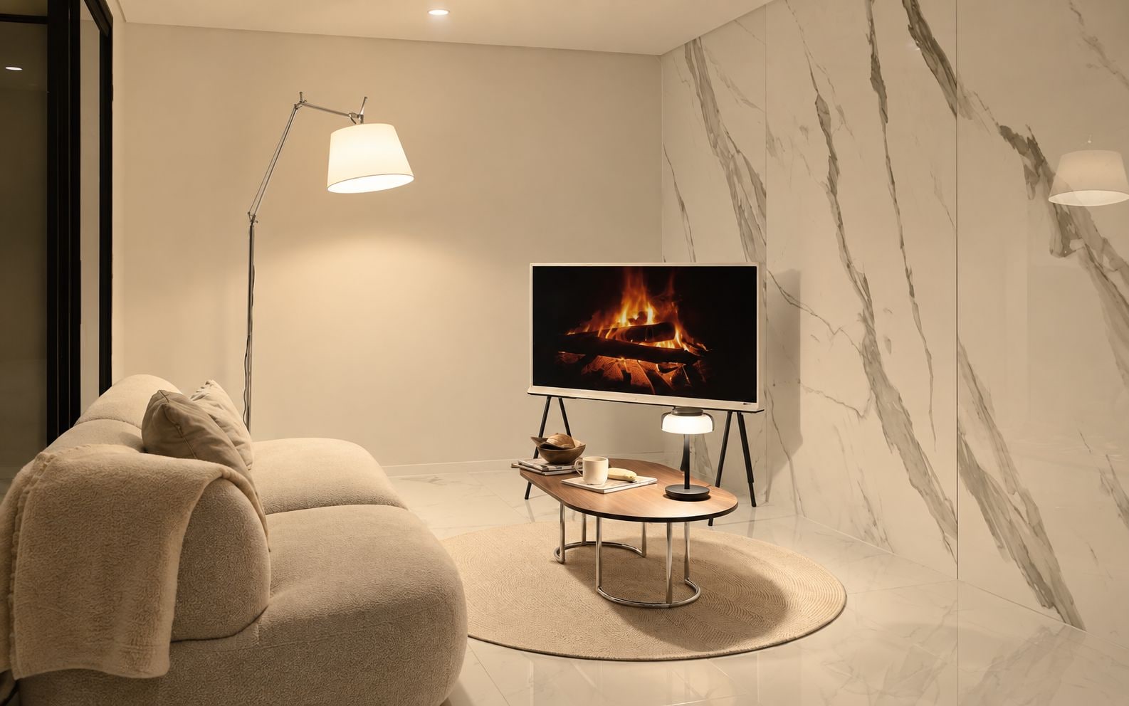 A modern living room with a flat-screen TV displaying a fireplace, a sofa, a coffee table, and a floor lamp.