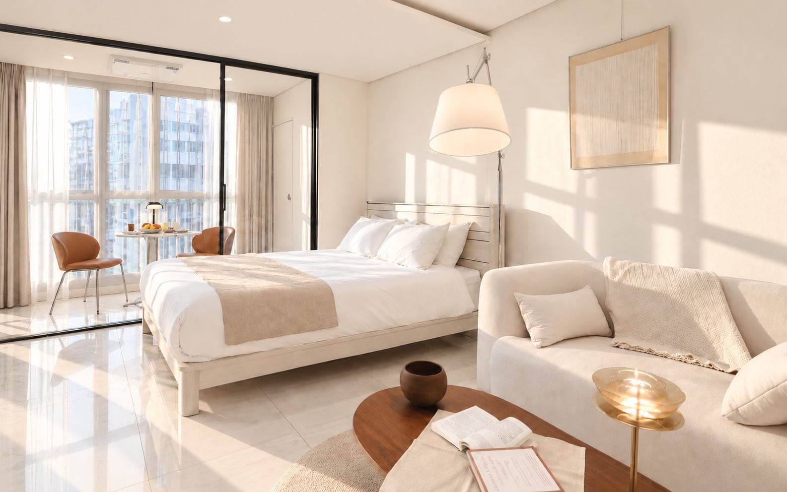 A modern hotel room with a large bed, a sofa, a coffee table, and a desk with a lamp.