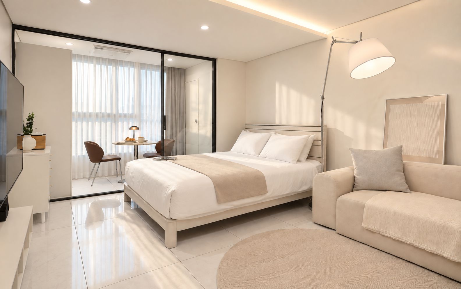 Habitación de hotel moderna con cama, sofá, escritorio con silla y un ventanal con cortinas.