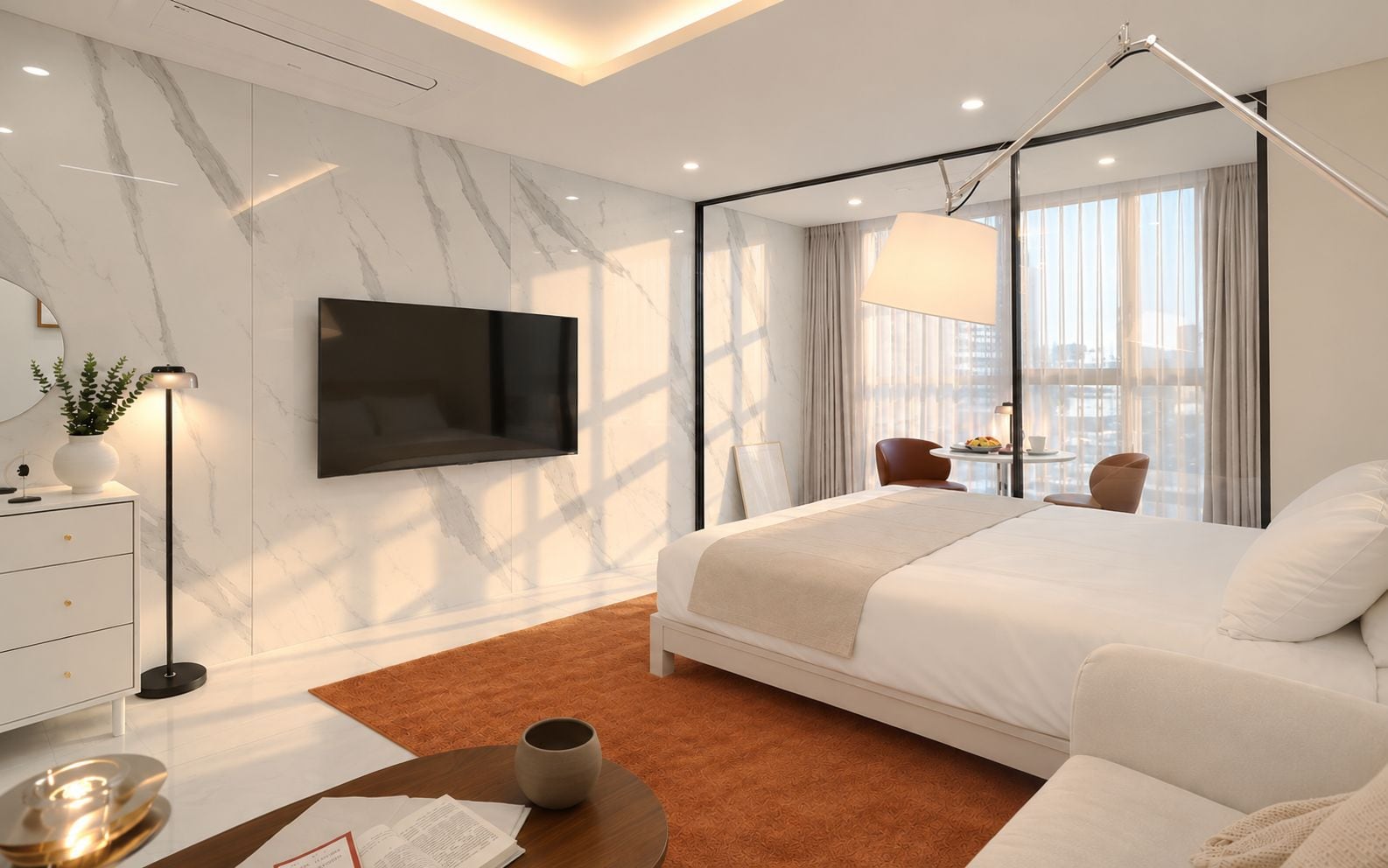 A modern hotel room with a large bed, a flat-screen TV mounted on the wall, a desk with a lamp, and a view of the city through large windows.