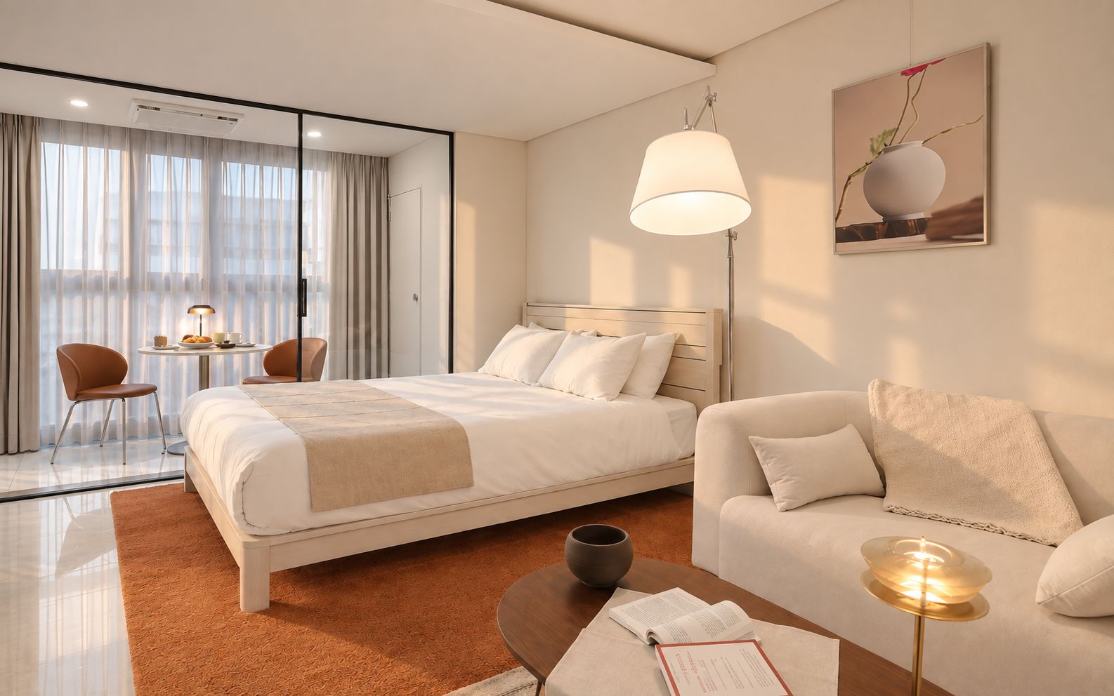 A modern hotel room with a bed, a sofa, a coffee table, and a desk with a chair.