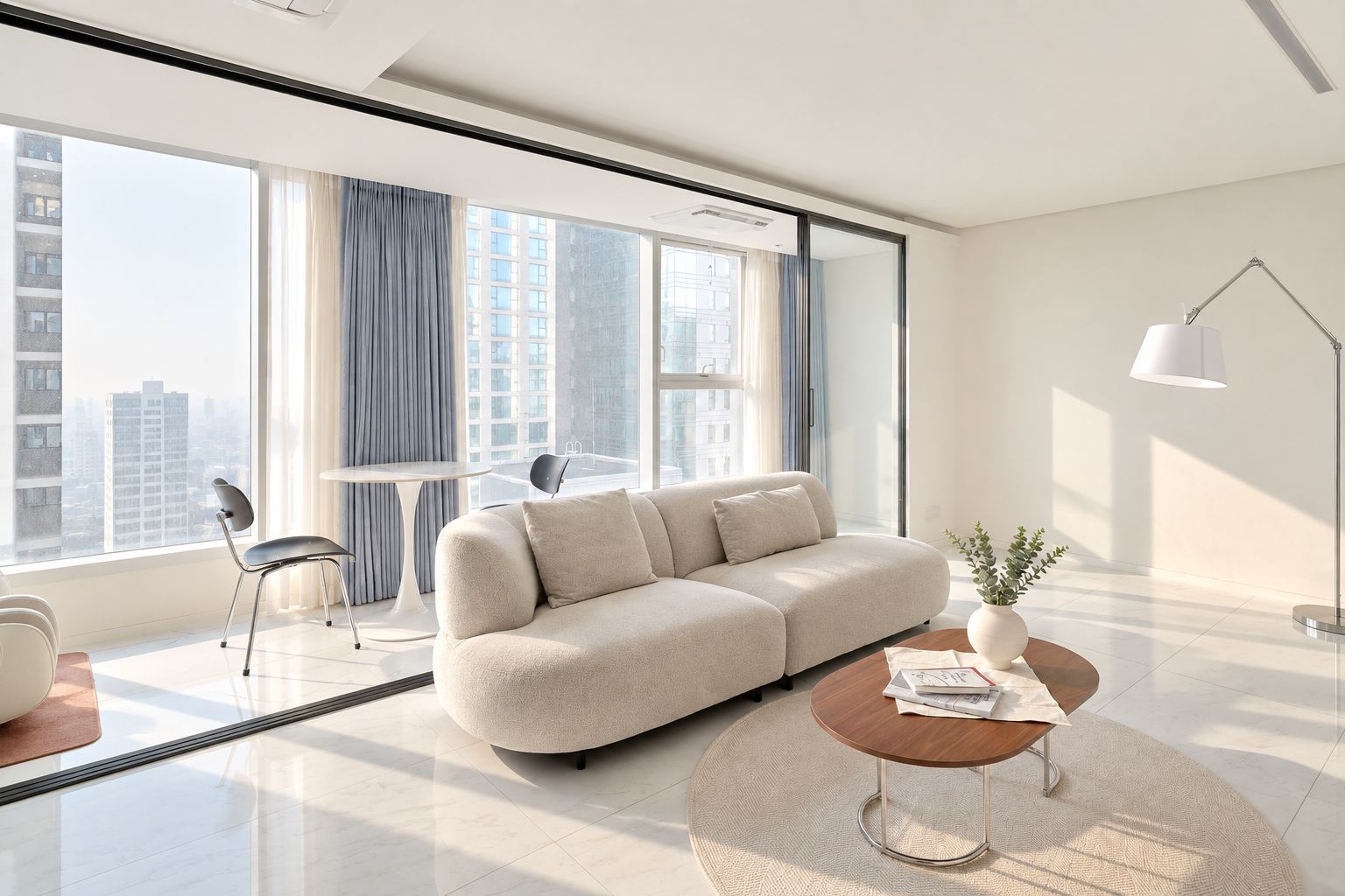A modern living room with a sofa, a round coffee table, and a floor lamp.