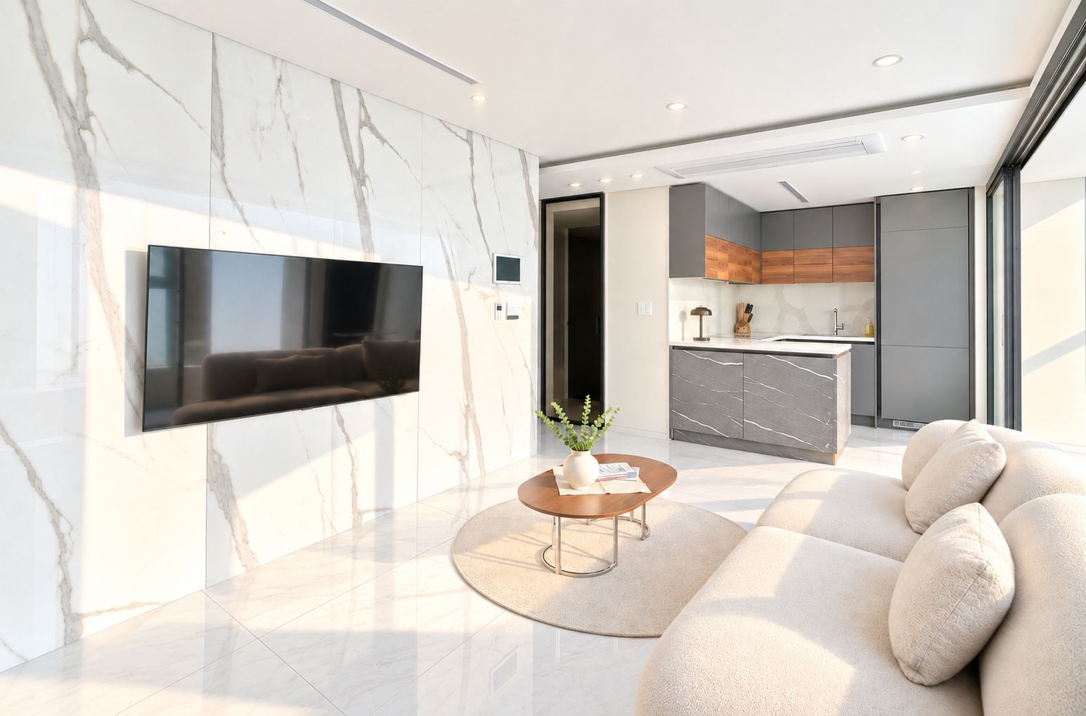 A modern living room with a flat-screen TV mounted on a marble wall, a round coffee table with a plant, and a large beige sofa.