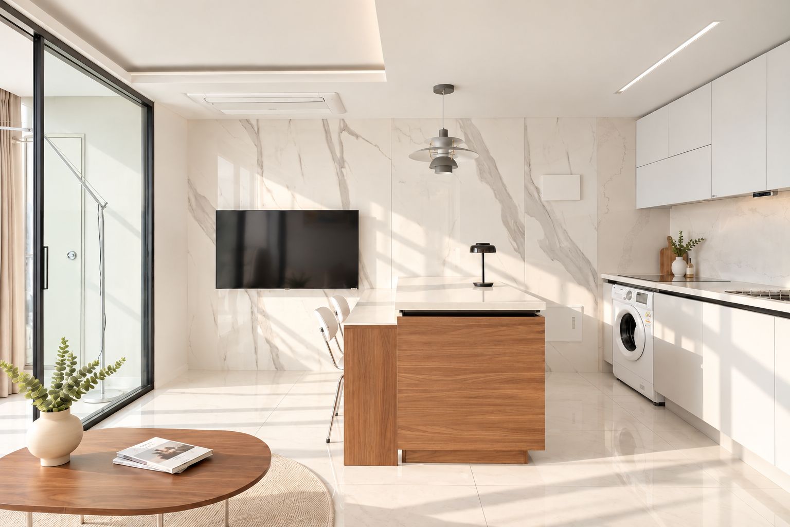 A modern kitchen with a built-in washing machine, a flat-screen TV, and a wooden island.